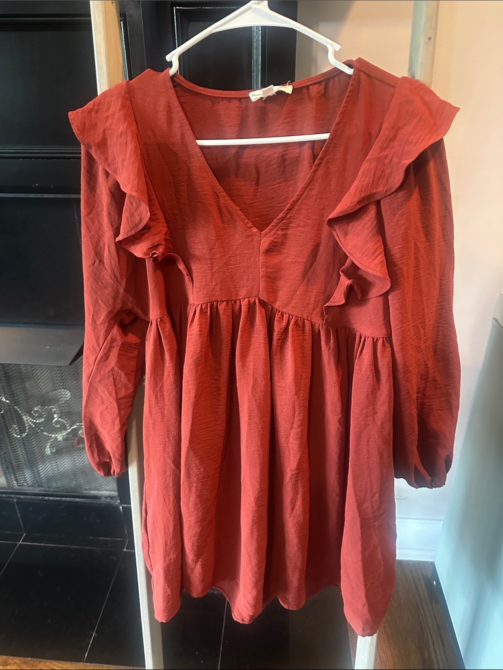 Ruffled V-Neck Tunic Dress in Rust